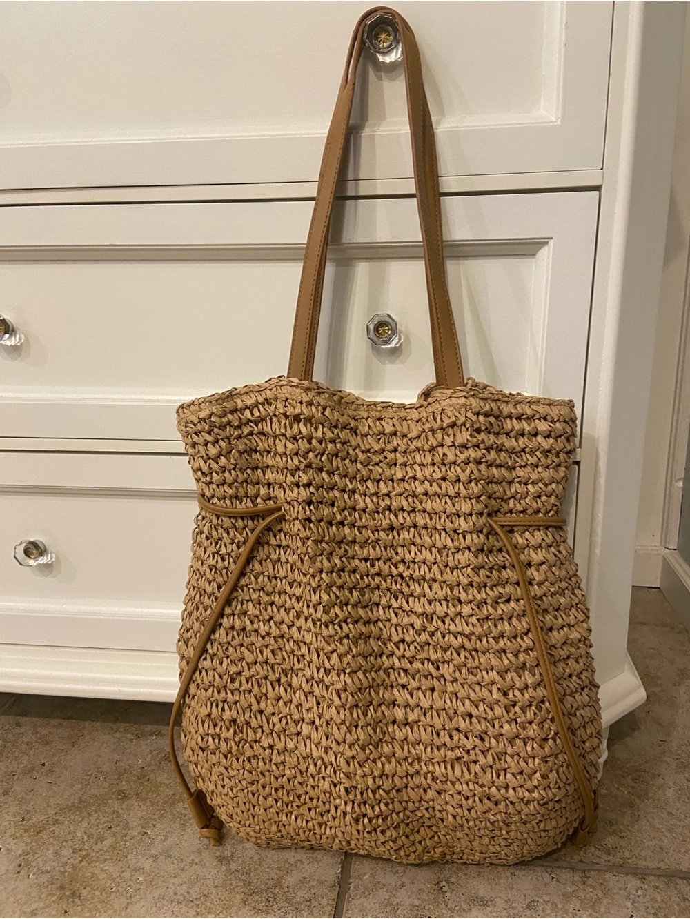 Natural Raffia Drawstring Tote with Gold Logo - Picture 4 of 7